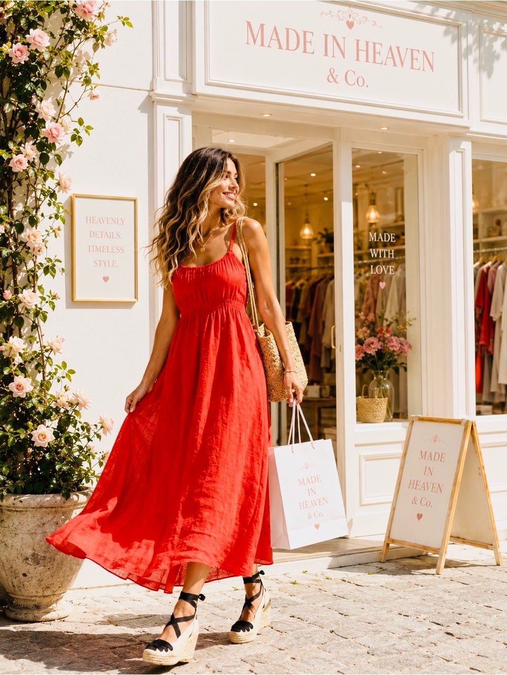 POSITANO Made in Heaven Women's Red Maxi Sundress with Adjustable in 100 % linen